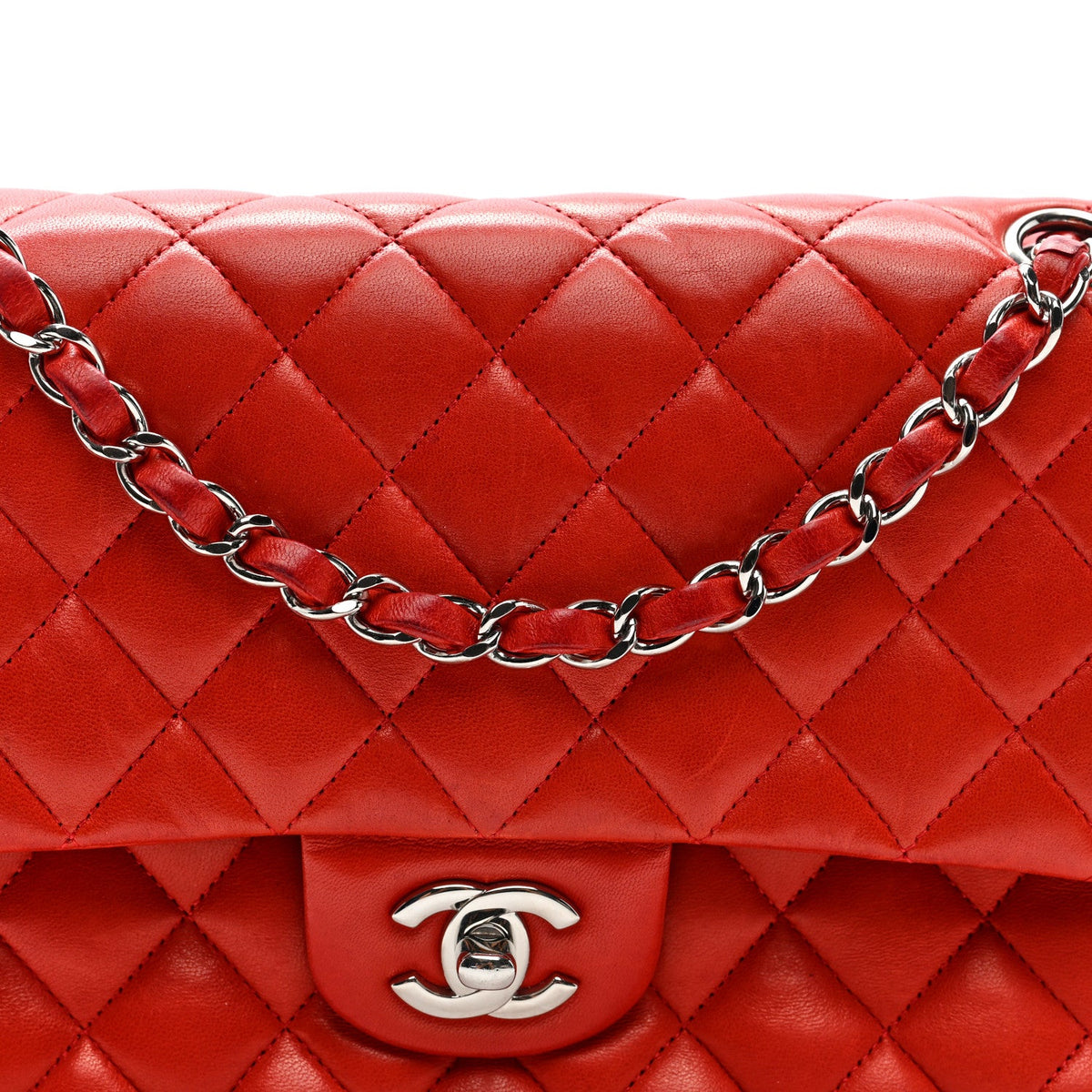 Lambskin Quilted Medium Double Flap Red wholesalehk.shop