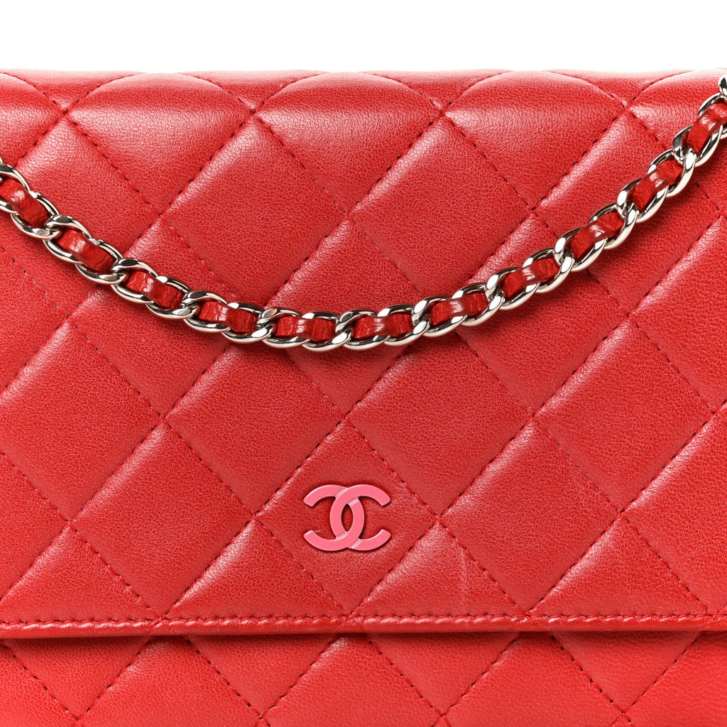 Lambskin Quilted Wallet On Chain WOC Red Pink wholesalehk.shop