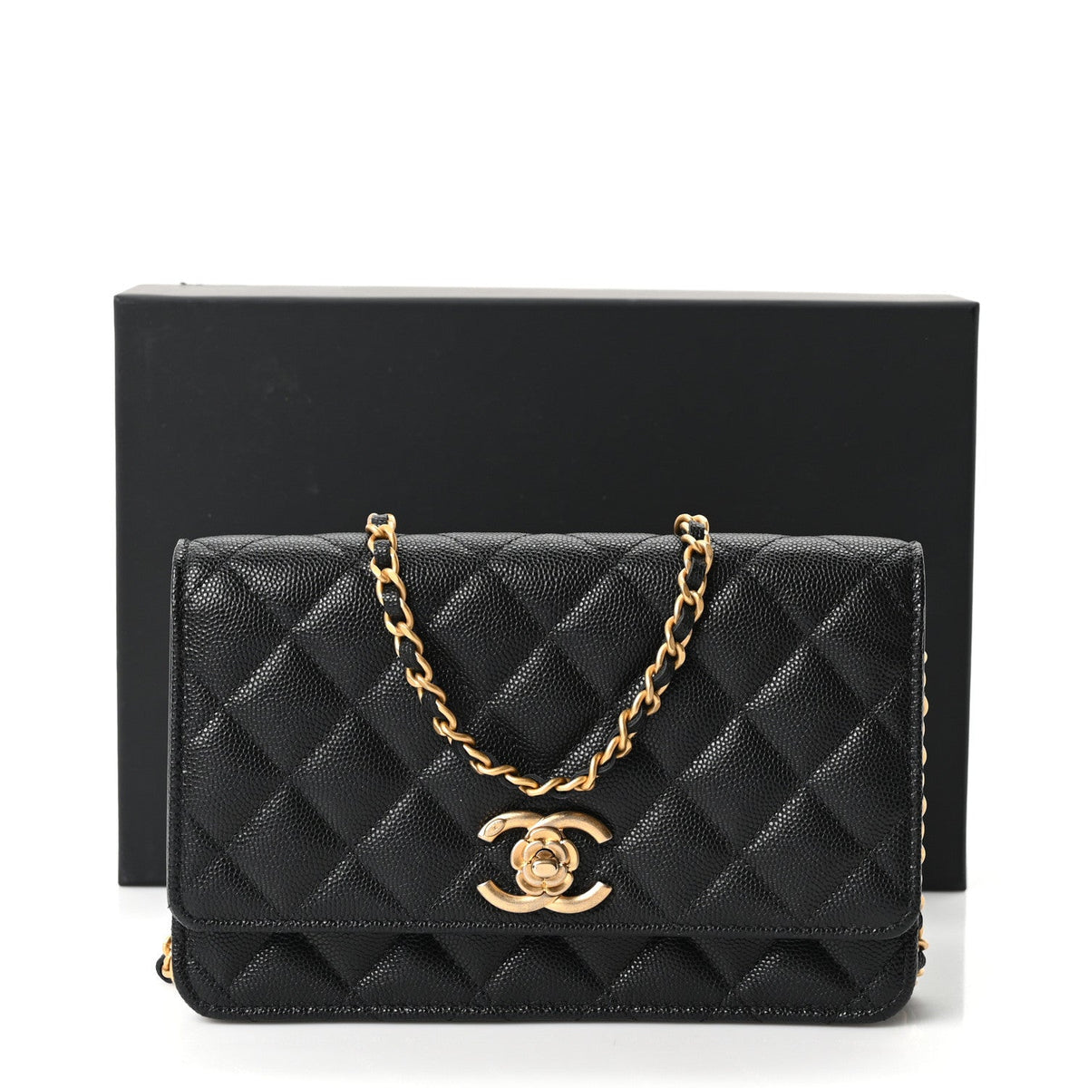 Caviar Quilted Camellia Wallet On Chain WOC Black wholesalehk.shop