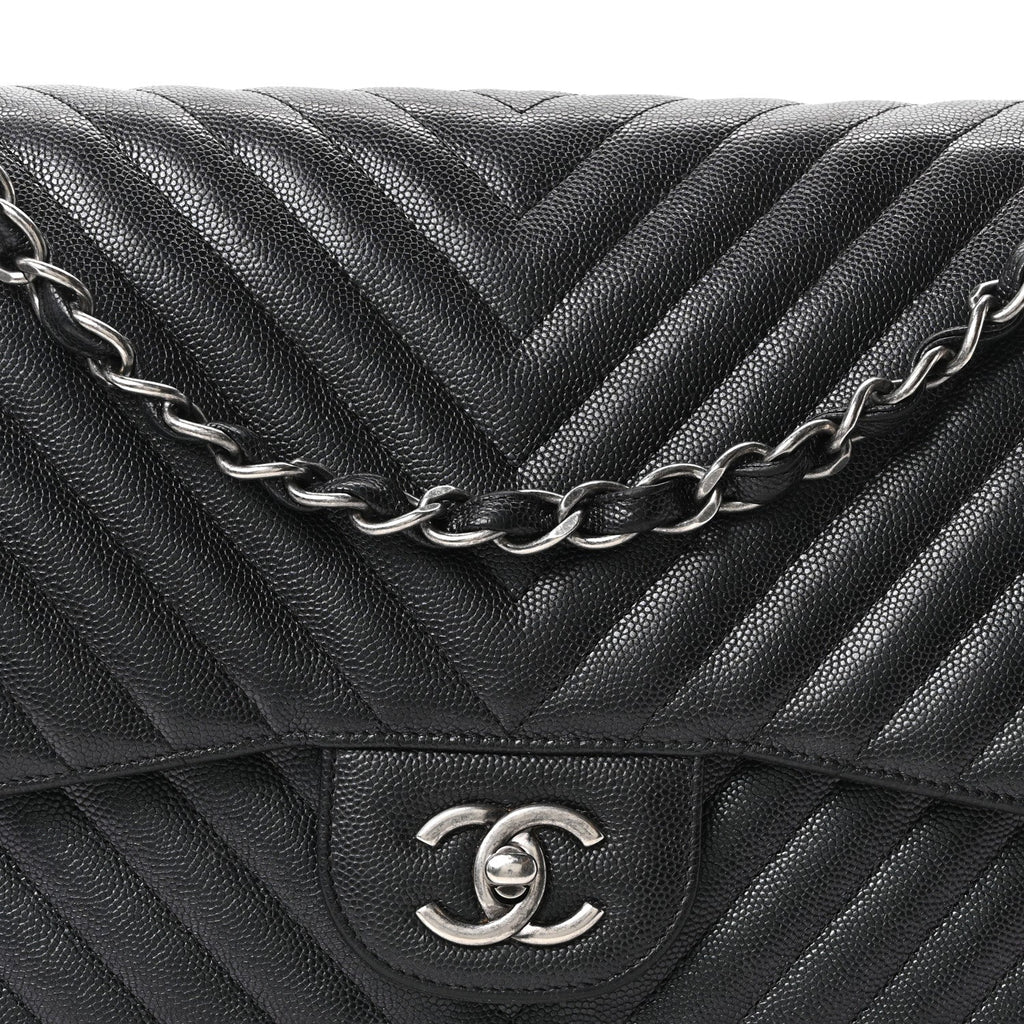 Iridescent Caviar Chevron Quilted Jumbo Double Flap Black wholesalehk.shop
