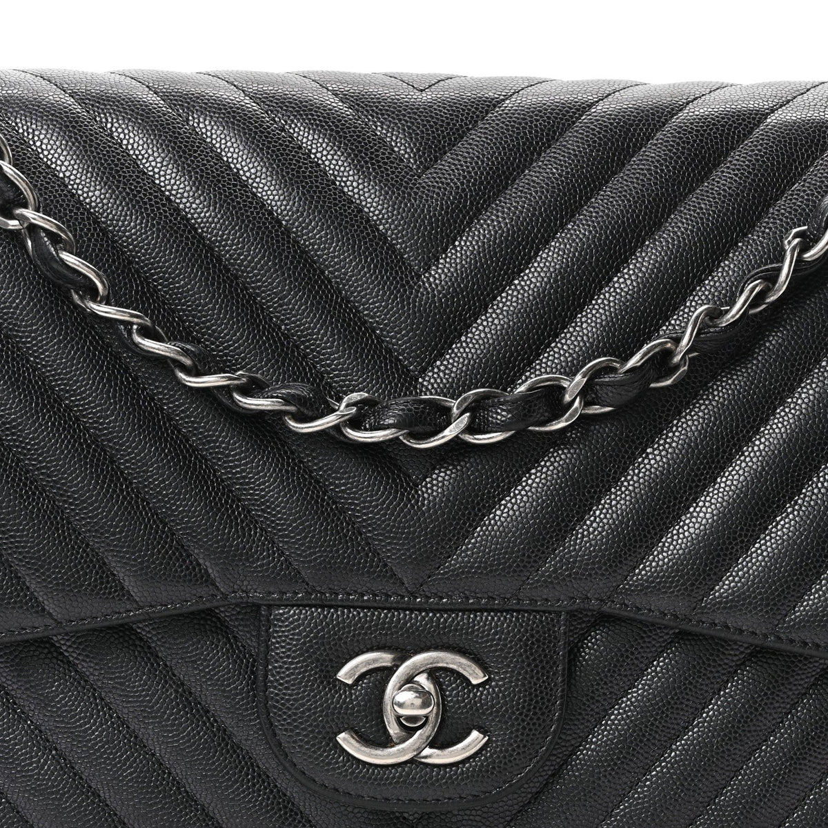 Iridescent Caviar Chevron Quilted Jumbo Double Flap Black wholesalehk.shop
