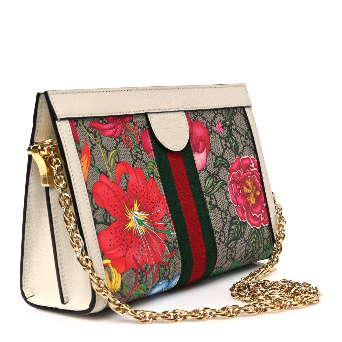 GG Supreme Monogram Flora Web Small Ophidia Chain Shoulder Bag White wholesalehk.shop