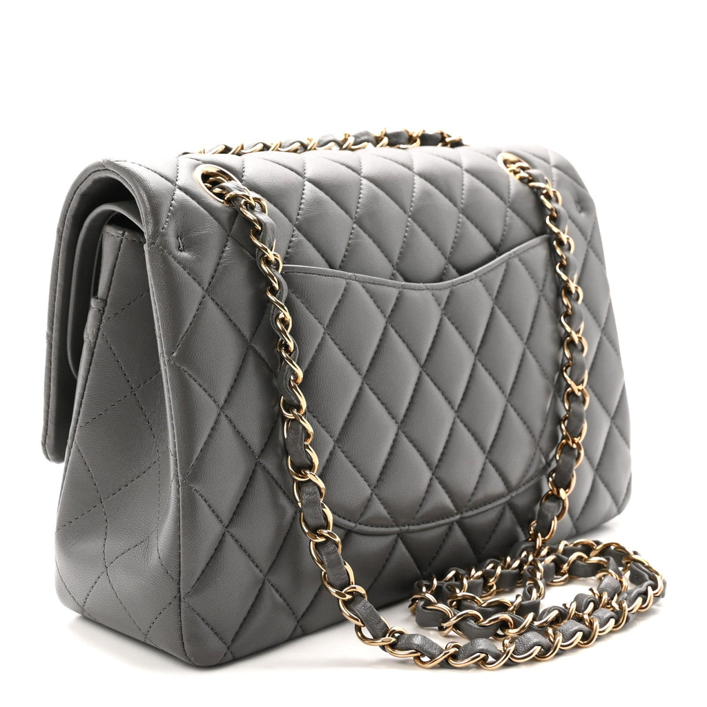 Lambskin Quilted Medium Double Flap Grey wholesalehk.shop