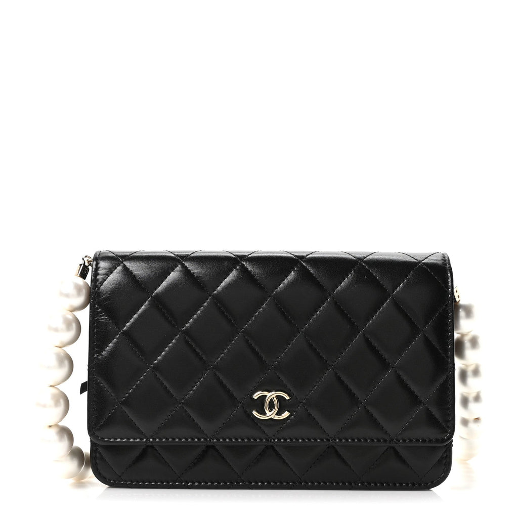 Calfskin Quilted Maxi Pearl Wallet On Chain WOC Black wholesalehk.shop