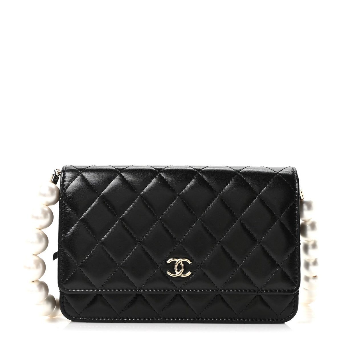 Calfskin Quilted Maxi Pearl Wallet On Chain WOC Black wholesalehk.shop