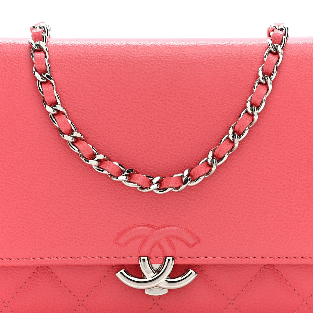 Grained Calfskin Quilted CC Box Wallet On Chain WOC Pink wholesalehk.shop