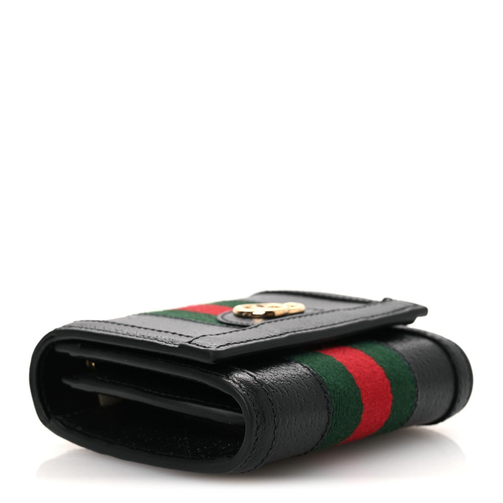Textured Dollar Calfskin Web Ophidia Card Case Wallet Black wholesalehk.shop