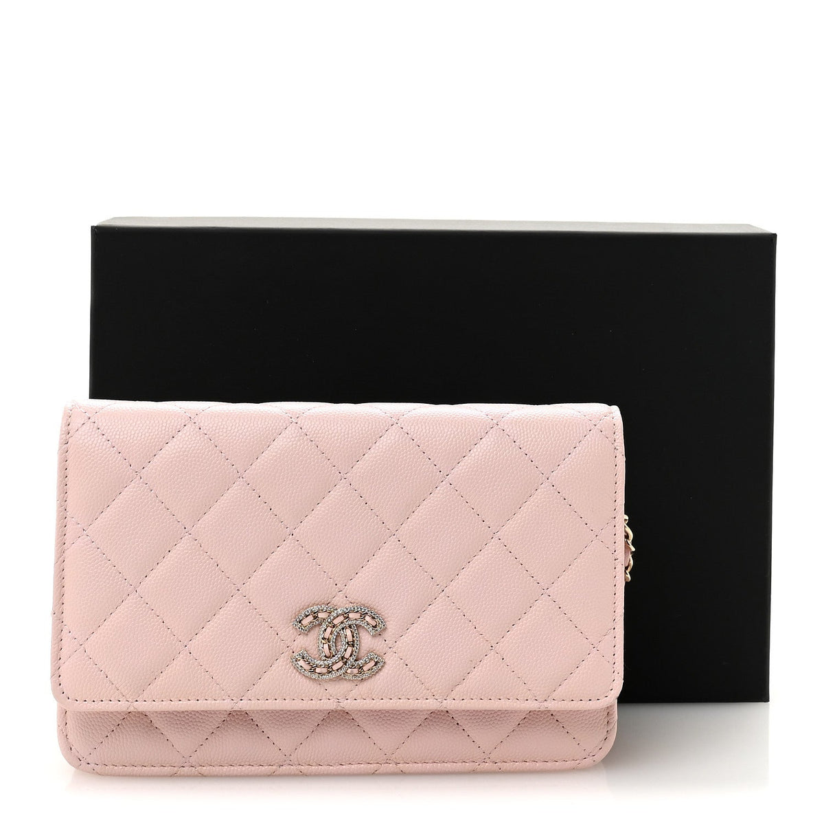 Caviar Quilted Crystal CC Wallet On Chain WOC Light Pink wholesalehk.shop
