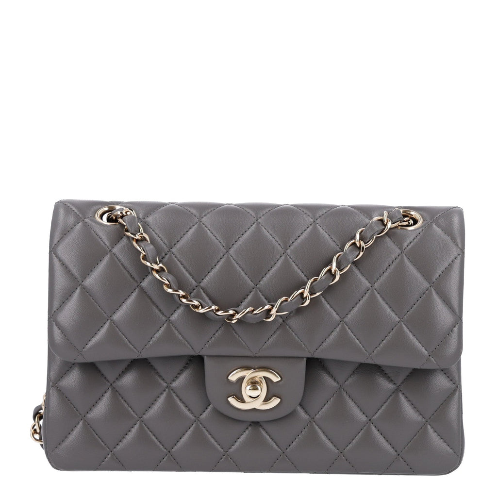 Lambskin Quilted Small Double Flap Grey wholesalehk.shop