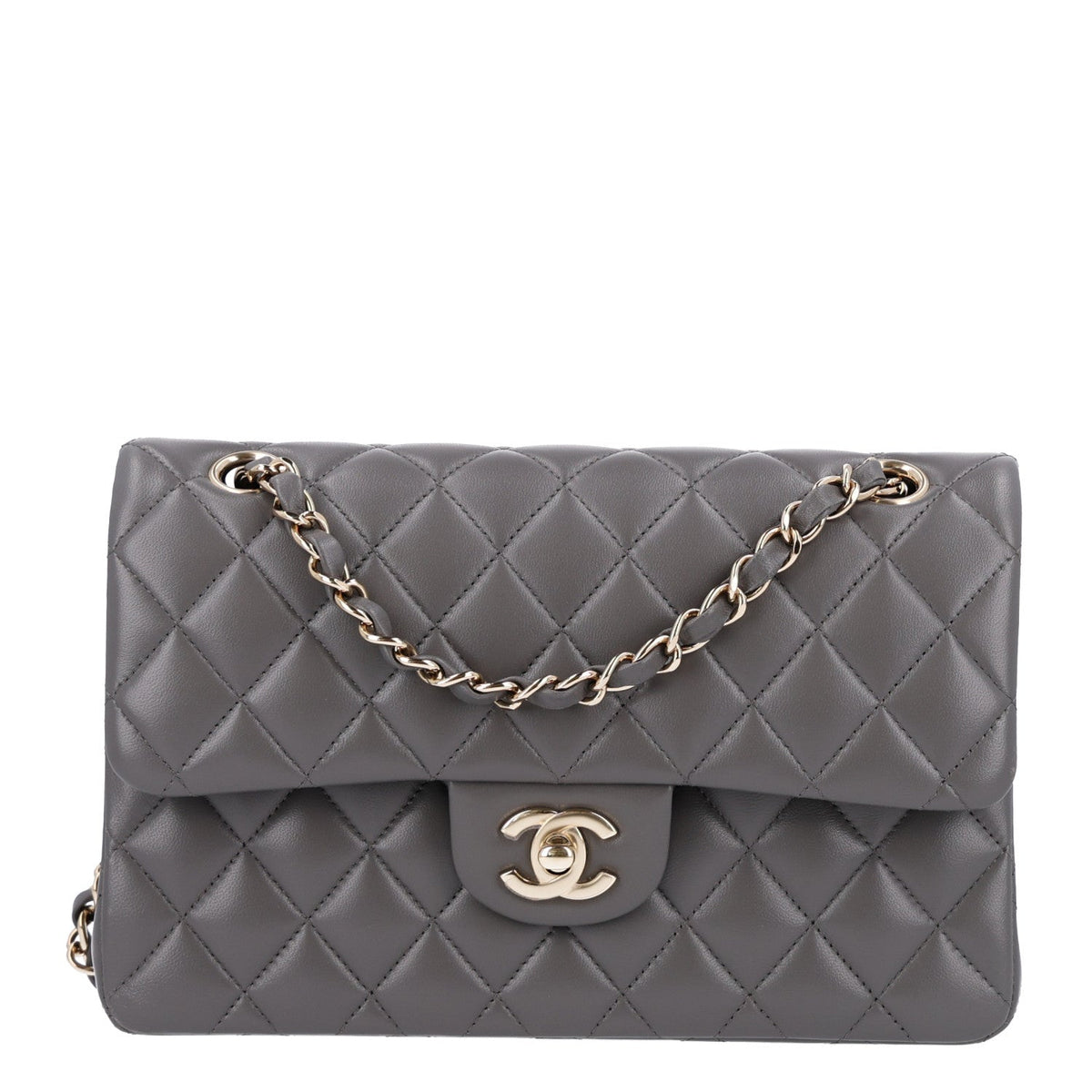 Lambskin Quilted Small Double Flap Grey wholesalehk.shop
