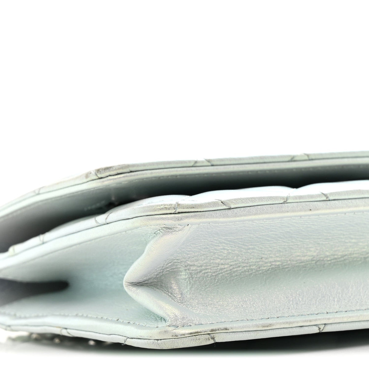 Iridescent Calfskin Quilted Wallet On Chain WOC Light Blue wholesalehk.shop