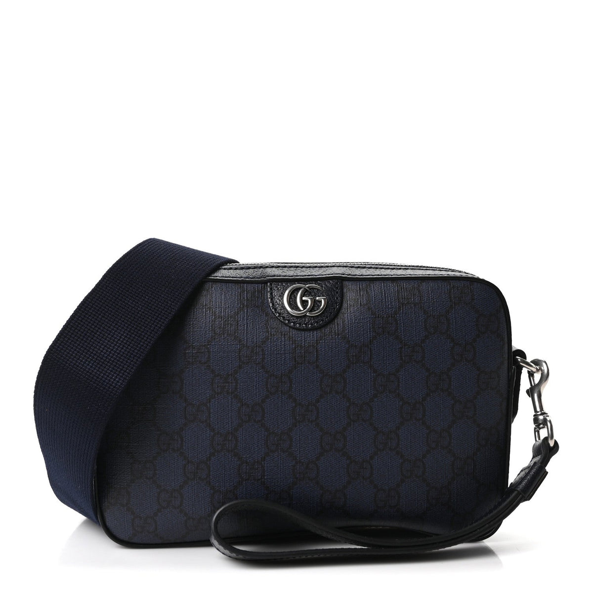 GG Supreme Monogram Textured Dollar Calfskin Web Ophidia Wristlet Shoulder Bag Black Blue wholesalehk.shop