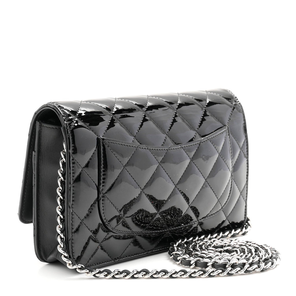 Patent Quilted Wallet On Chain WOC Black wholesalehk.shop