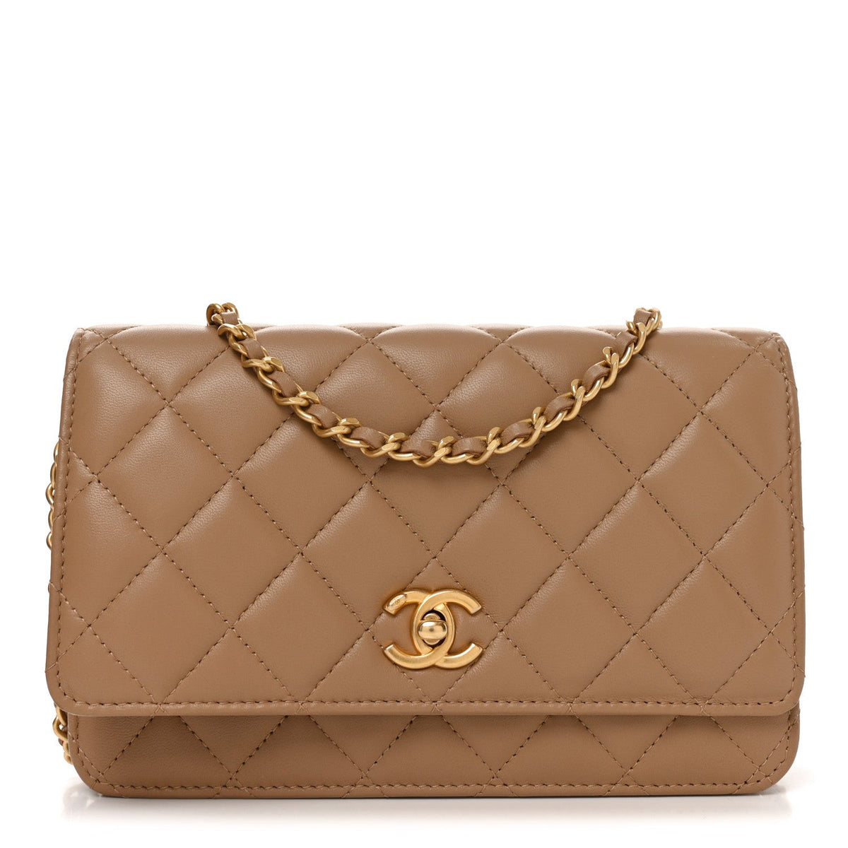 Lambskin Quilted CC Pearl Crush Wallet on Chain WOC Beige wholesalehk.shop