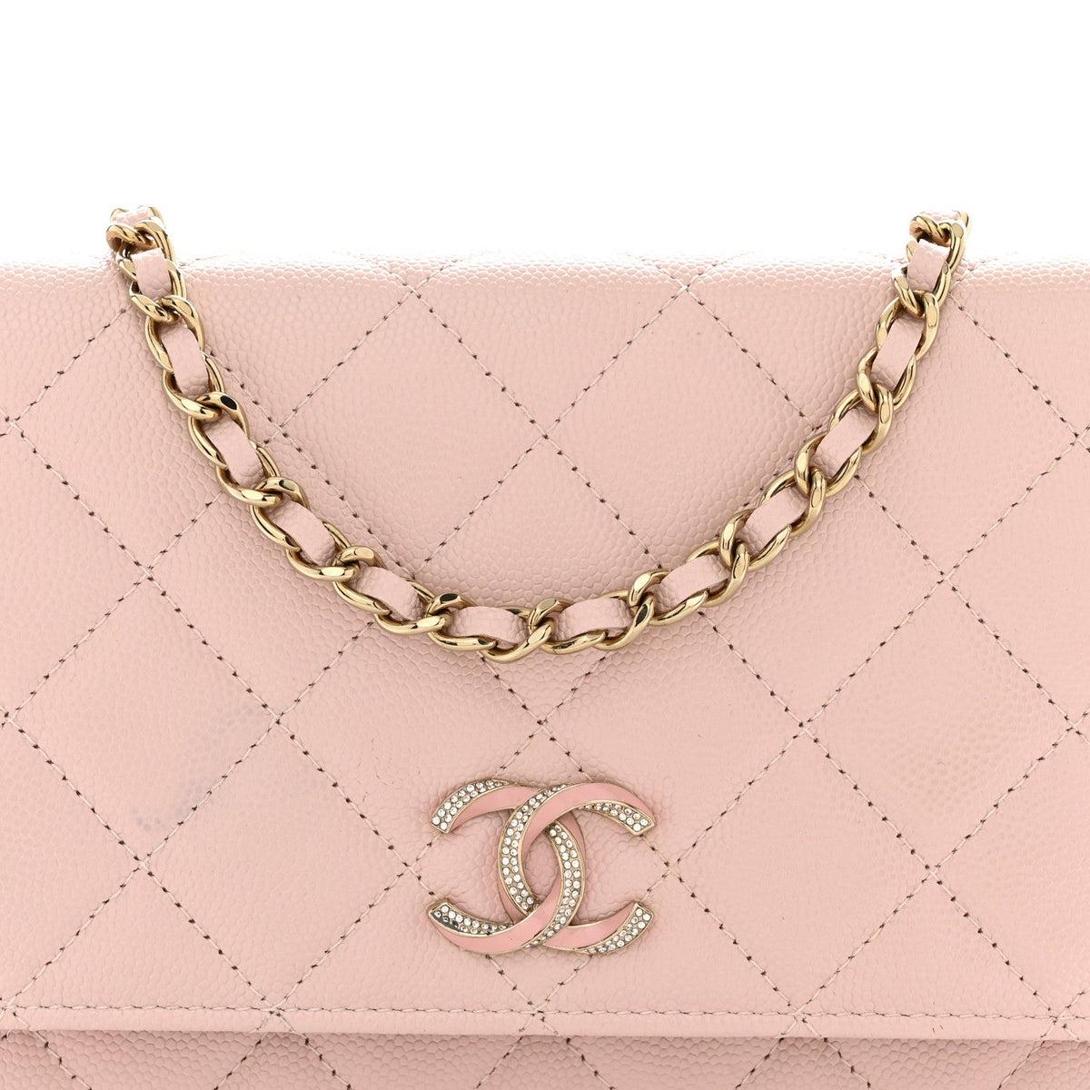 Caviar Quilted Crystal Enamel CC Wallet On Chain WOC Light Pink wholesalehk.shop