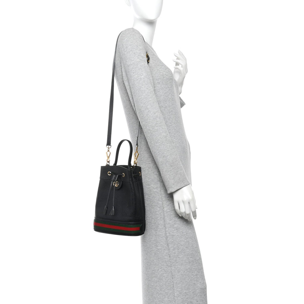 Glazed Textured Calfskin Web Small Ophidia Bucket Bag Black wholesalehk.shop