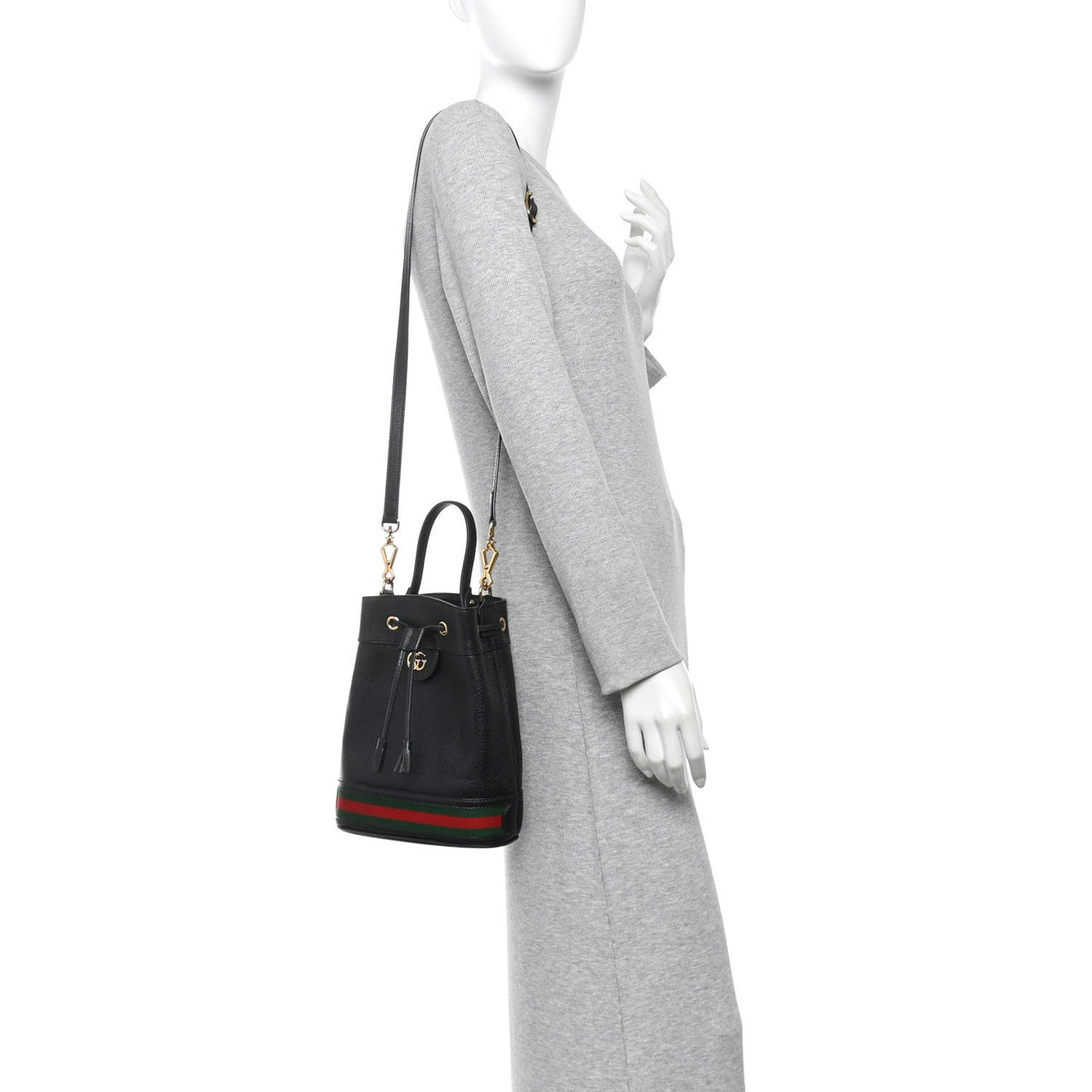 Glazed Textured Calfskin Web Small Ophidia Bucket Bag Black wholesalehk.shop