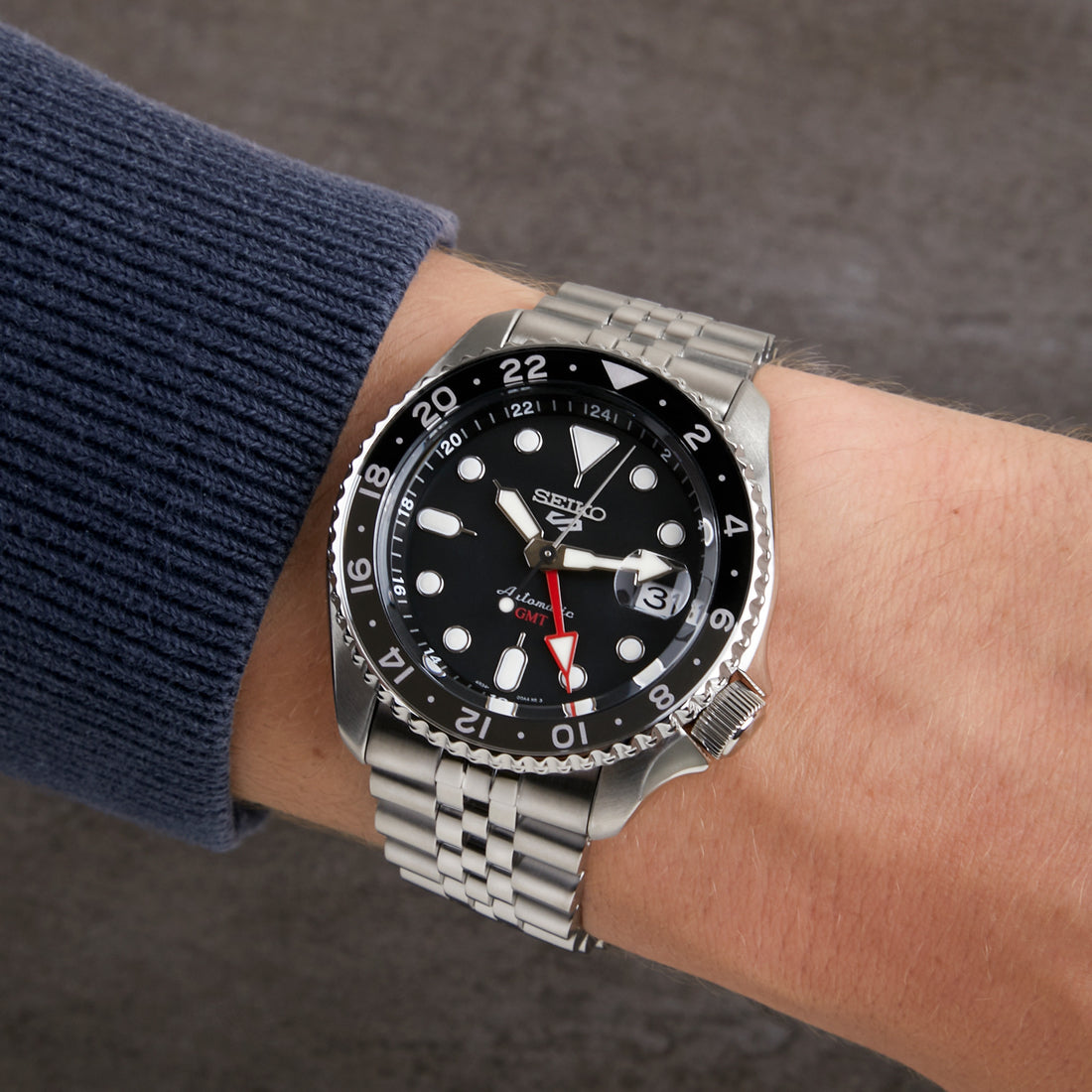 Seiko 5 Sports Automatic GMT Black Dial Silver Steel Strap Watch For Men - SSK001K1 wholesalehk.shop