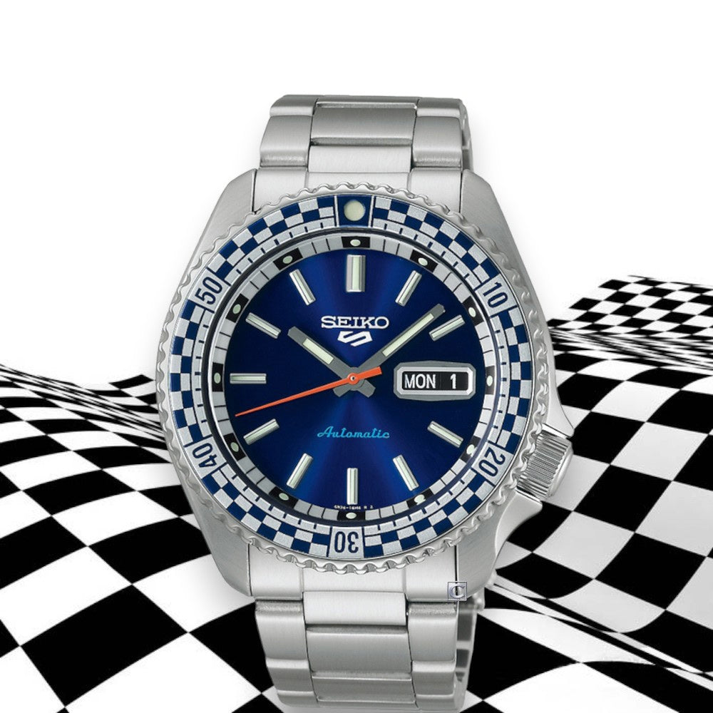 Seiko 5 Sports Petrol Blue Checker Flag Special Edition Blue Dial Silver Steel Strap Watch For Men - SRPK65K1 wholesalehk.shop