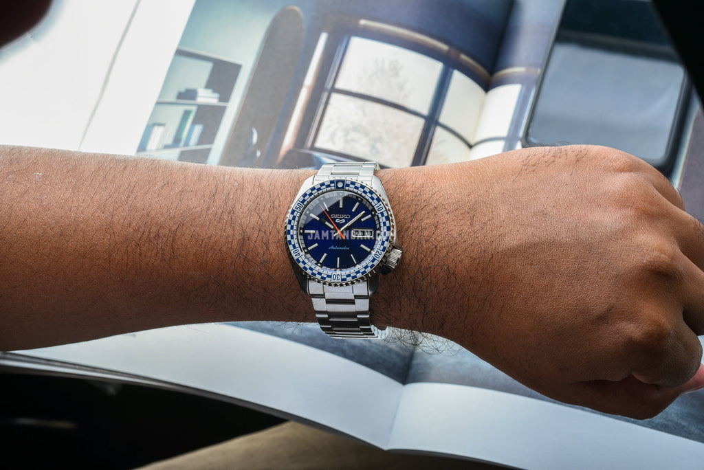 Seiko 5 Sports Petrol Blue Checker Flag Special Edition Blue Dial Silver Steel Strap Watch For Men - SRPK65K1 wholesalehk.shop