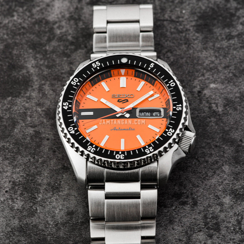 Seiko 5 Sports Double Hurricane Retro Orange Dial Silver Steel Strap Watch For Men - SRPK11K1 wholesalehk.shop