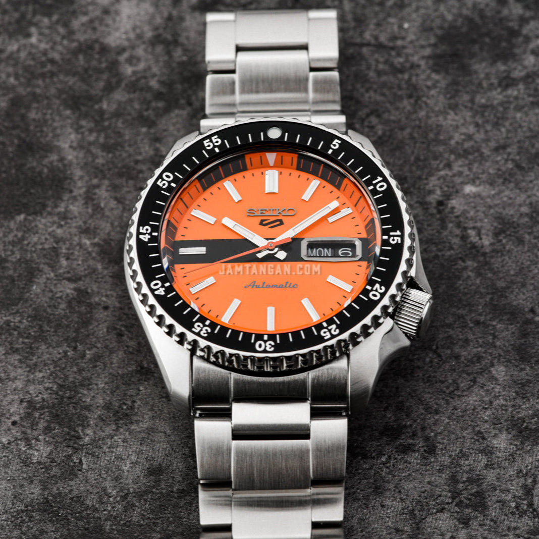 Seiko 5 Sports Double Hurricane Retro Orange Dial Silver Steel Strap Watch For Men - SRPK11K1 wholesalehk.shop