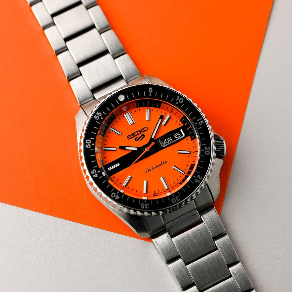 Seiko 5 Sports Double Hurricane Retro Orange Dial Silver Steel Strap Watch For Men - SRPK11K1 wholesalehk.shop