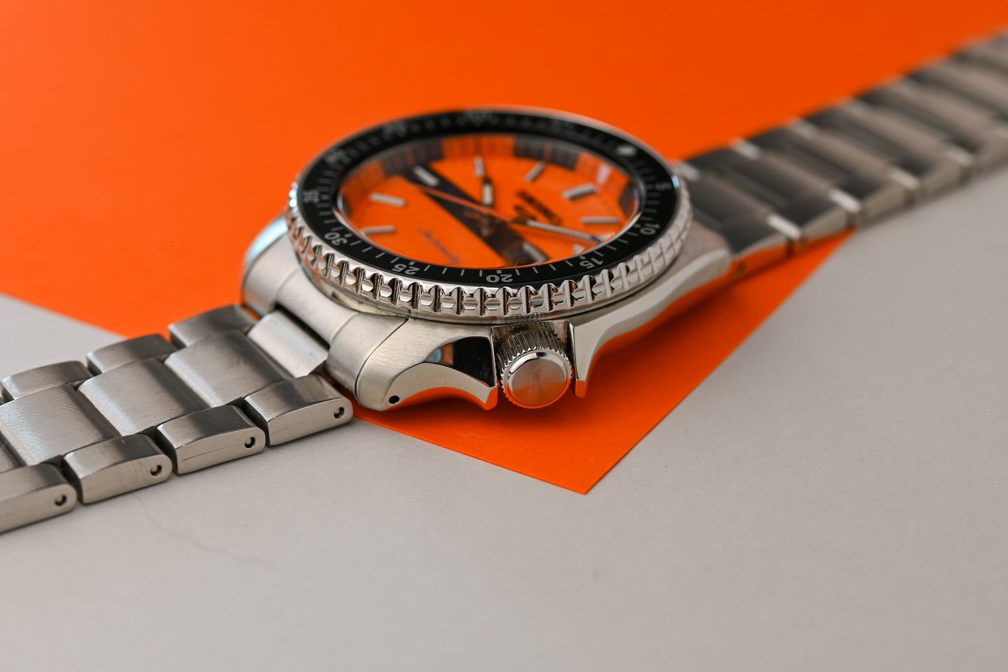 Seiko 5 Sports Double Hurricane Retro Orange Dial Silver Steel Strap Watch For Men - SRPK11K1 wholesalehk.shop