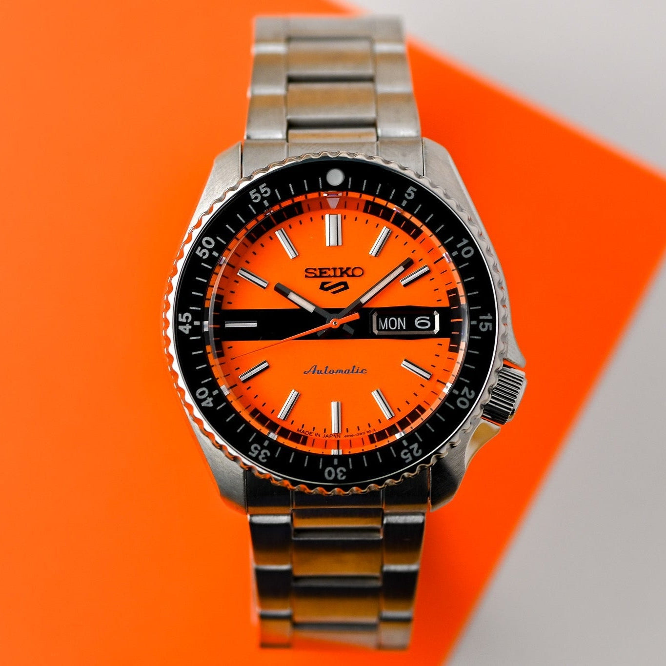 Seiko 5 Sports Double Hurricane Retro Orange Dial Silver Steel Strap Watch For Men - SRPK11K1 wholesalehk.shop