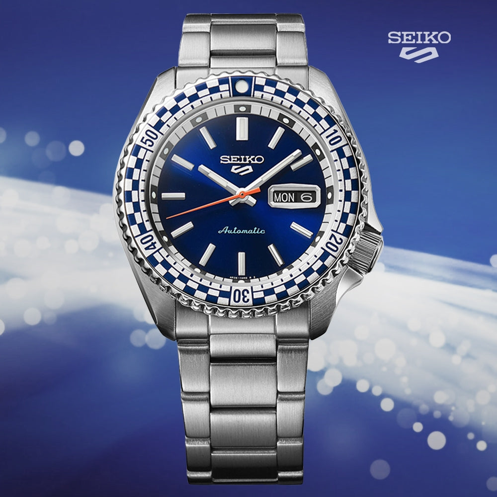 Seiko 5 Sports Petrol Blue Checker Flag Special Edition Blue Dial Silver Steel Strap Watch For Men - SRPK65K1 wholesalehk.shop
