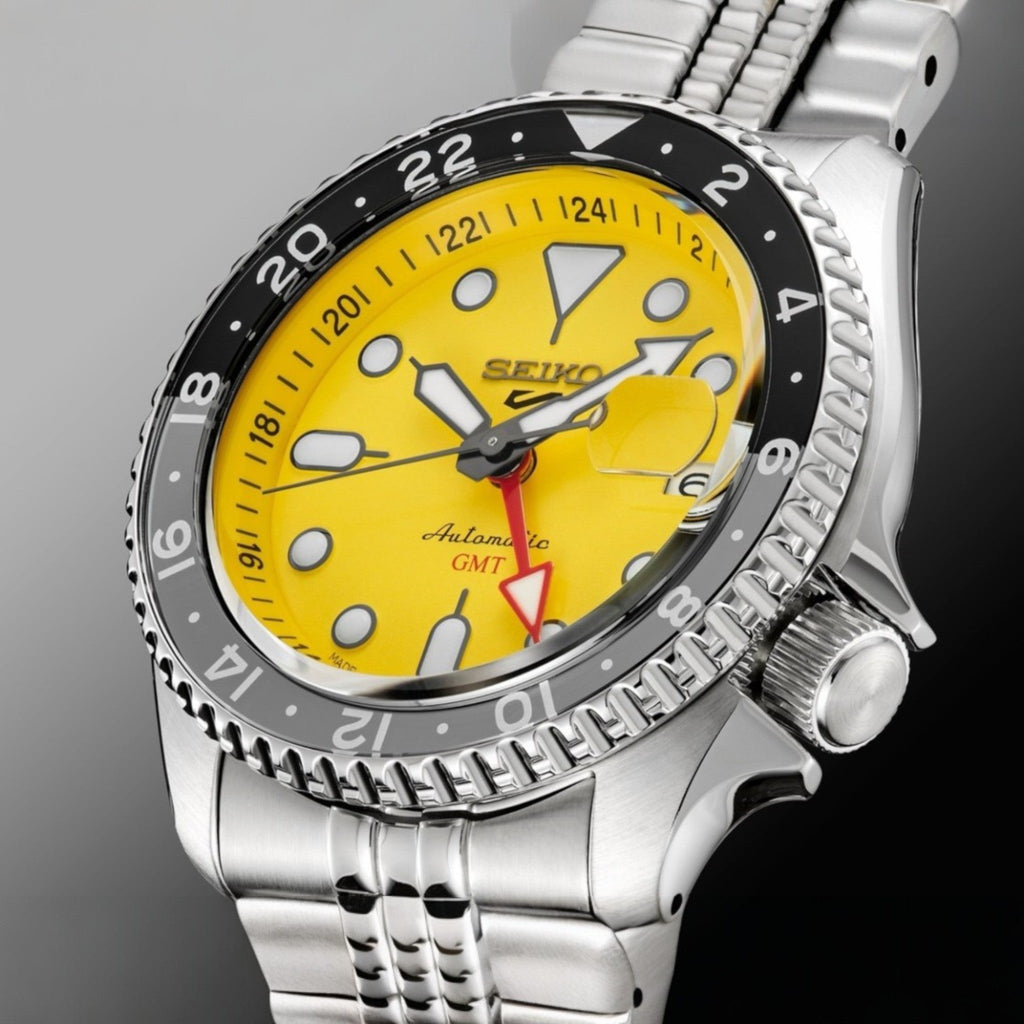 Seiko 5 Sport SKX GMT US Special Creation Automatic Yellow Dial Silver Steel Strap Watch for Men - SSK017K1 wholesalehk.shop