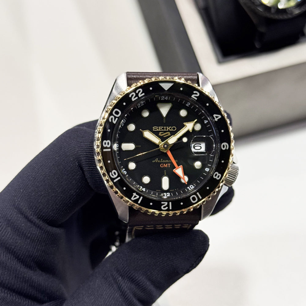 Seiko 5 Sports SKX GMT Automatic Mocha Black Dial Brown Leather Strap Watch For Men - SSK036K1 wholesalehk.shop