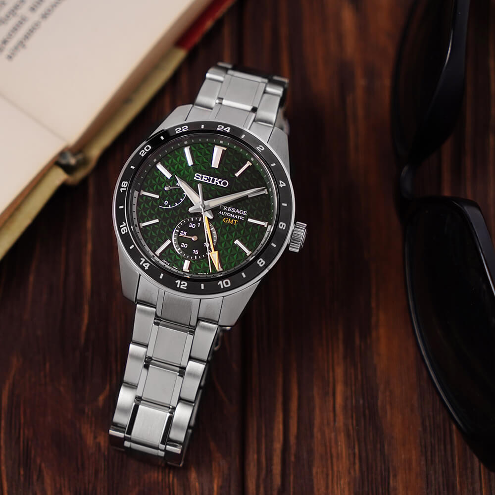 Seiko Presage Sharp Edged Series GMT Green Dial Silver Steel Strap Watch For Men - SPB219J1 wholesalehk.shop