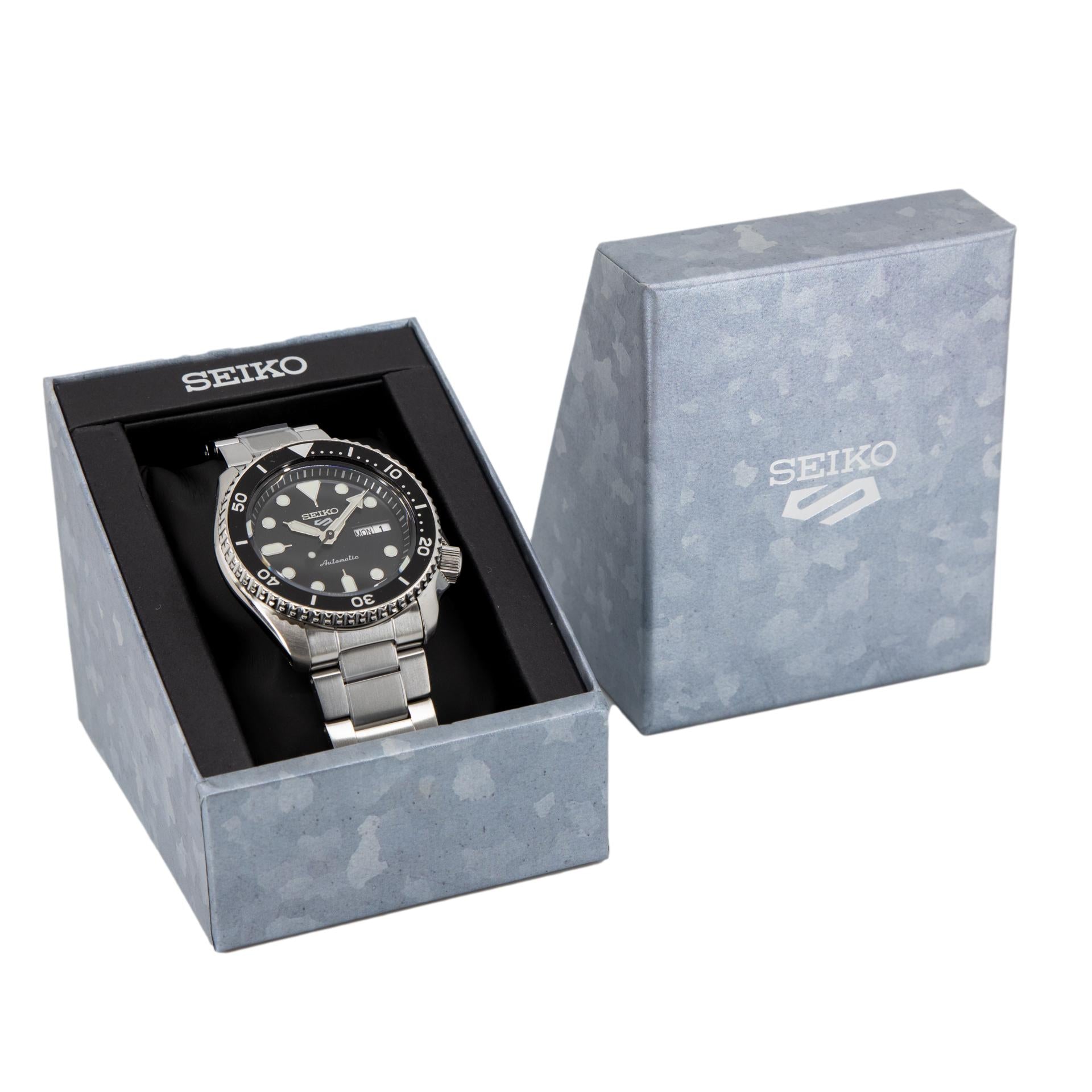 Seiko 5 Sports Automatic Day Date Black Dial Silver Steel Strap Watch for Men - SRPD55K1 wholesalehk.shop