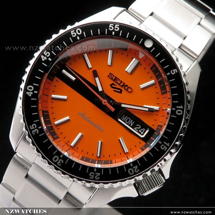Seiko 5 Sports Double Hurricane Retro Orange Dial Silver Steel Strap Watch For Men - SRPK11K1 wholesalehk.shop