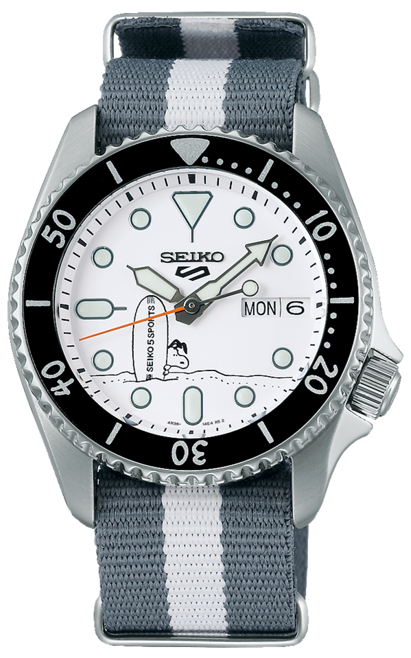 Seiko 5 Sports x Peanuts Surfboard Snoopy Limited Edition White Dial Two Tone NATO Strap Watch For Men - SRPK25K1 wholesalehk.shop