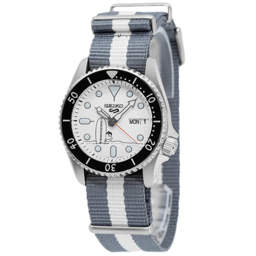 Seiko 5 Sports x Peanuts Surfboard Snoopy Limited Edition White Dial Two Tone NATO Strap Watch For Men - SRPK25K1 wholesalehk.shop