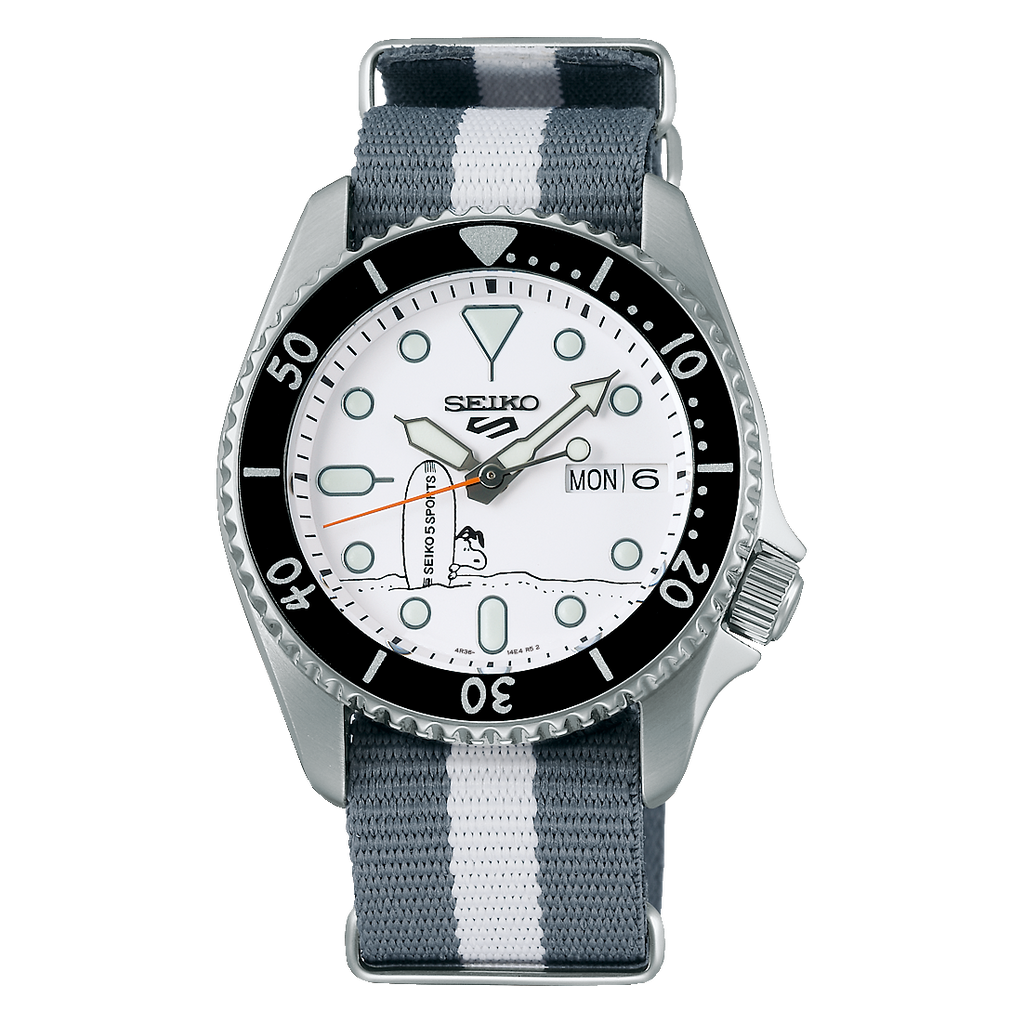 Seiko 5 Sports x Peanuts Surfboard Snoopy Limited Edition White Dial Two Tone NATO Strap Watch For Men - SRPK25K1 wholesalehk.shop