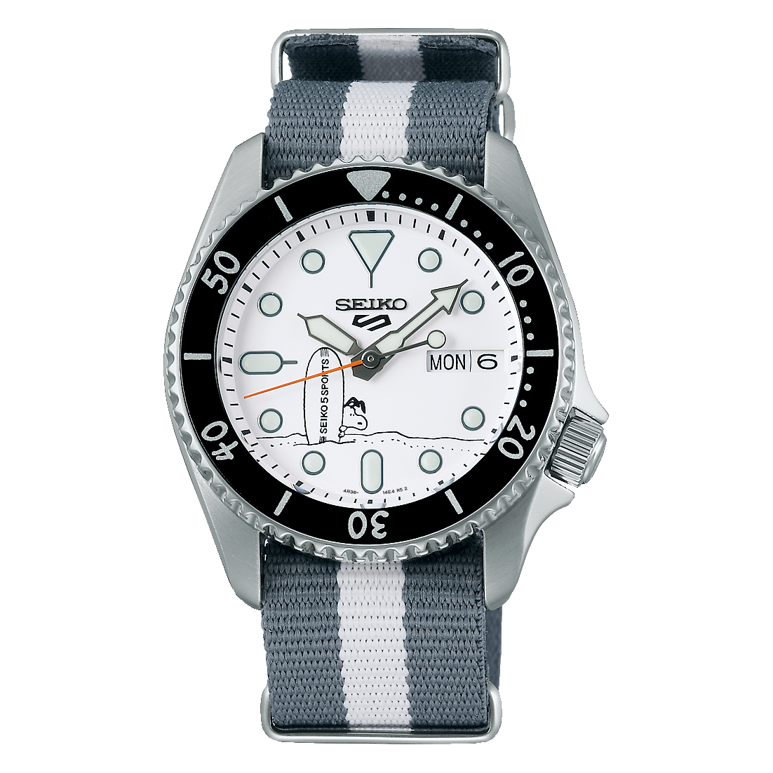 Seiko 5 Sports x Peanuts Surfboard Snoopy Limited Edition White Dial Two Tone NATO Strap Watch For Men - SRPK25K1 wholesalehk.shop