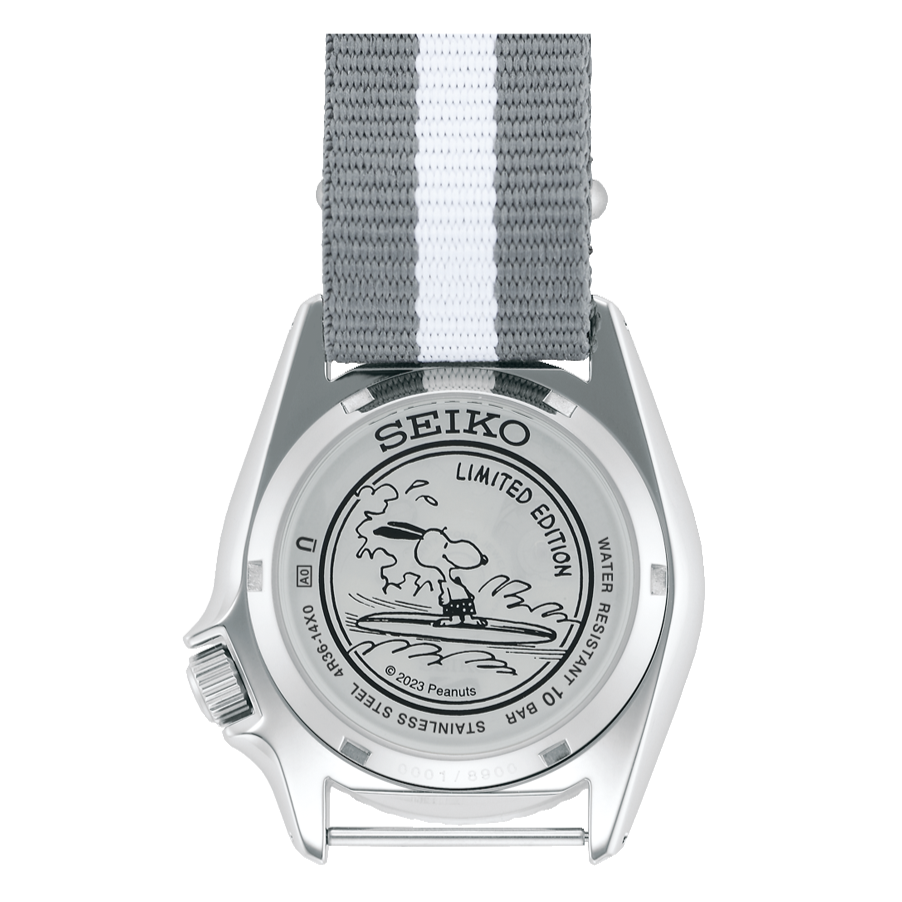 Seiko 5 Sports x Peanuts Surfboard Snoopy Limited Edition White Dial Two Tone NATO Strap Watch For Men - SRPK25K1 wholesalehk.shop