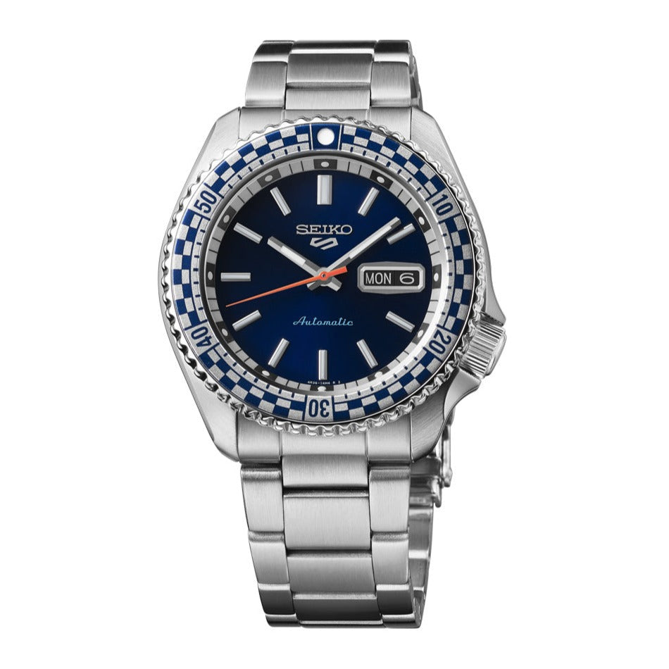 Seiko 5 Sports Petrol Blue Checker Flag Special Edition Blue Dial Silver Steel Strap Watch For Men - SRPK65K1 wholesalehk.shop