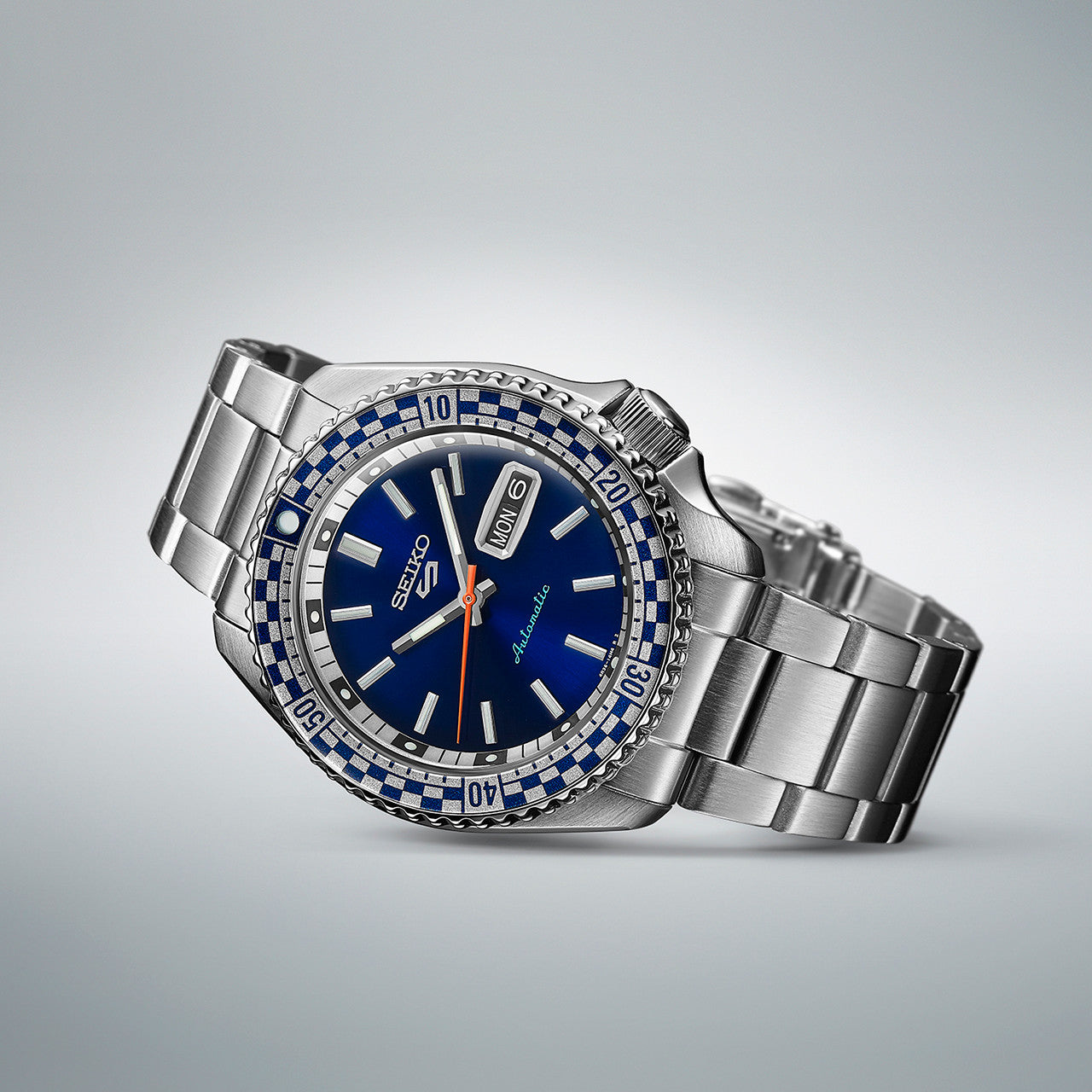 Seiko 5 Sports Petrol Blue Checker Flag Special Edition Blue Dial Silver Steel Strap Watch For Men - SRPK65K1 wholesalehk.shop