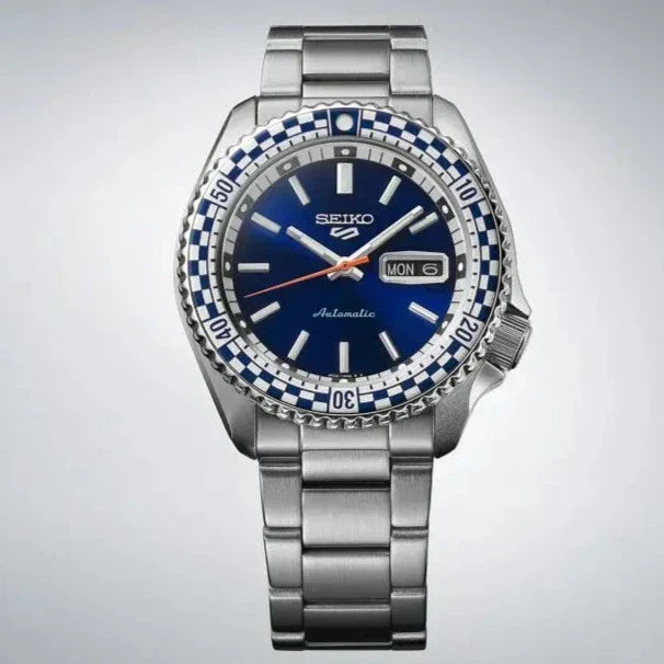 Seiko 5 Sports Petrol Blue Checker Flag Special Edition Blue Dial Silver Steel Strap Watch For Men - SRPK65K1 wholesalehk.shop