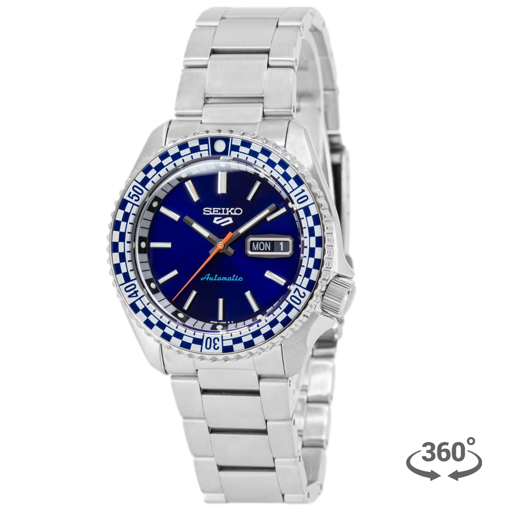 Seiko 5 Sports Petrol Blue Checker Flag Special Edition Blue Dial Silver Steel Strap Watch For Men - SRPK65K1 wholesalehk.shop