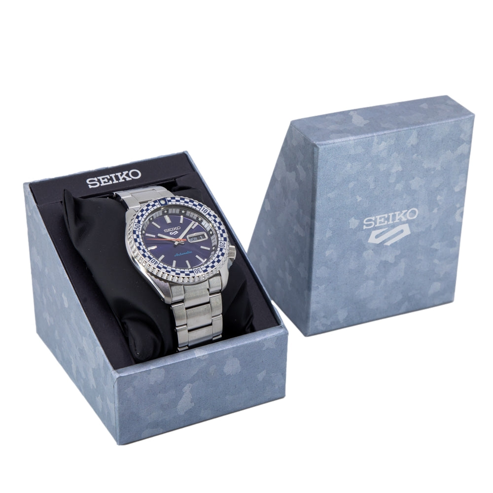 Seiko 5 Sports Petrol Blue Checker Flag Special Edition Blue Dial Silver Steel Strap Watch For Men - SRPK65K1 wholesalehk.shop