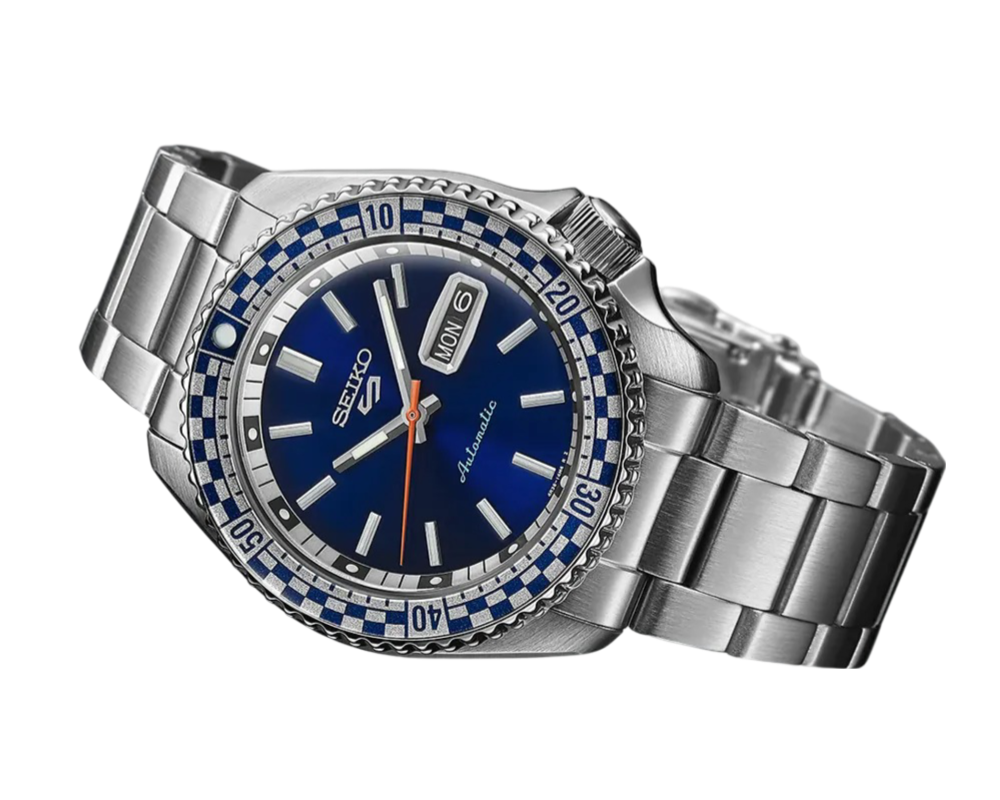 Seiko 5 Sports Petrol Blue Checker Flag Special Edition Blue Dial Silver Steel Strap Watch For Men - SRPK65K1 wholesalehk.shop