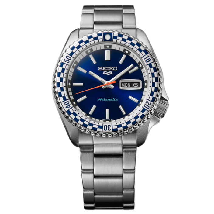 Seiko 5 Sports Petrol Blue Checker Flag Special Edition Blue Dial Silver Steel Strap Watch For Men - SRPK65K1 wholesalehk.shop