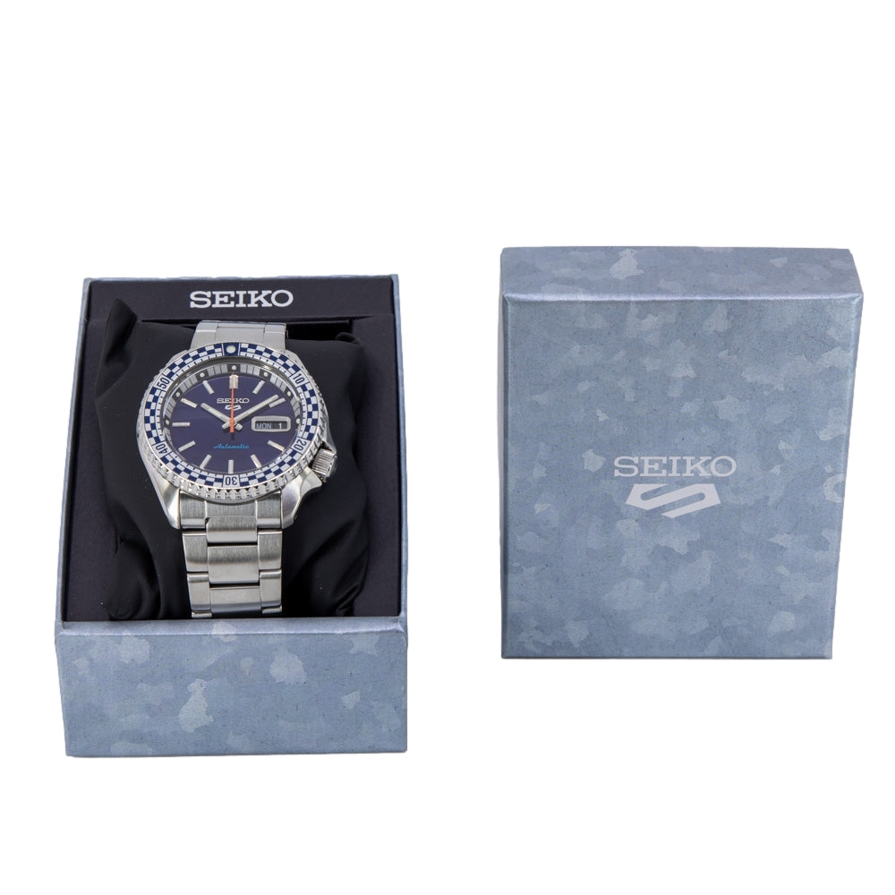 Seiko 5 Sports Petrol Blue Checker Flag Special Edition Blue Dial Silver Steel Strap Watch For Men - SRPK65K1 wholesalehk.shop