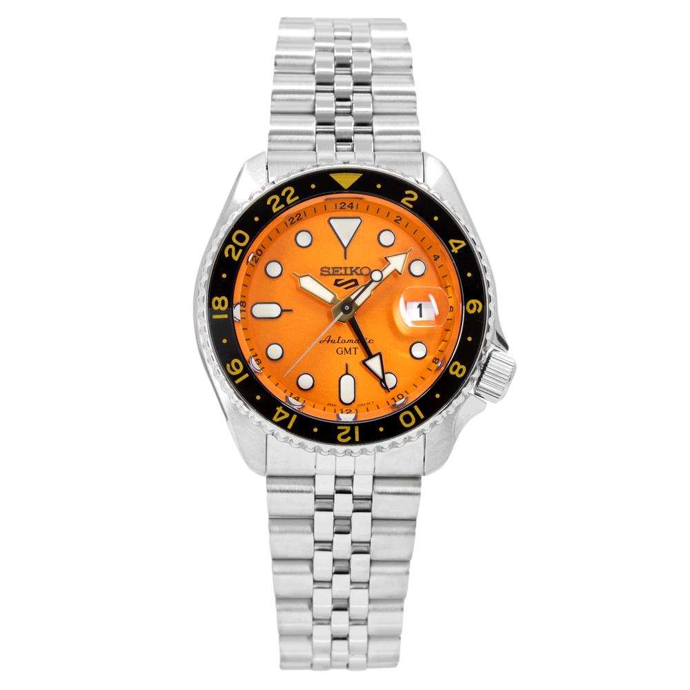 Seiko 5 Sports GMT Automatic Orange Dial Silver Steel Strap Watch For Men - SSK005K1 wholesalehk.shop