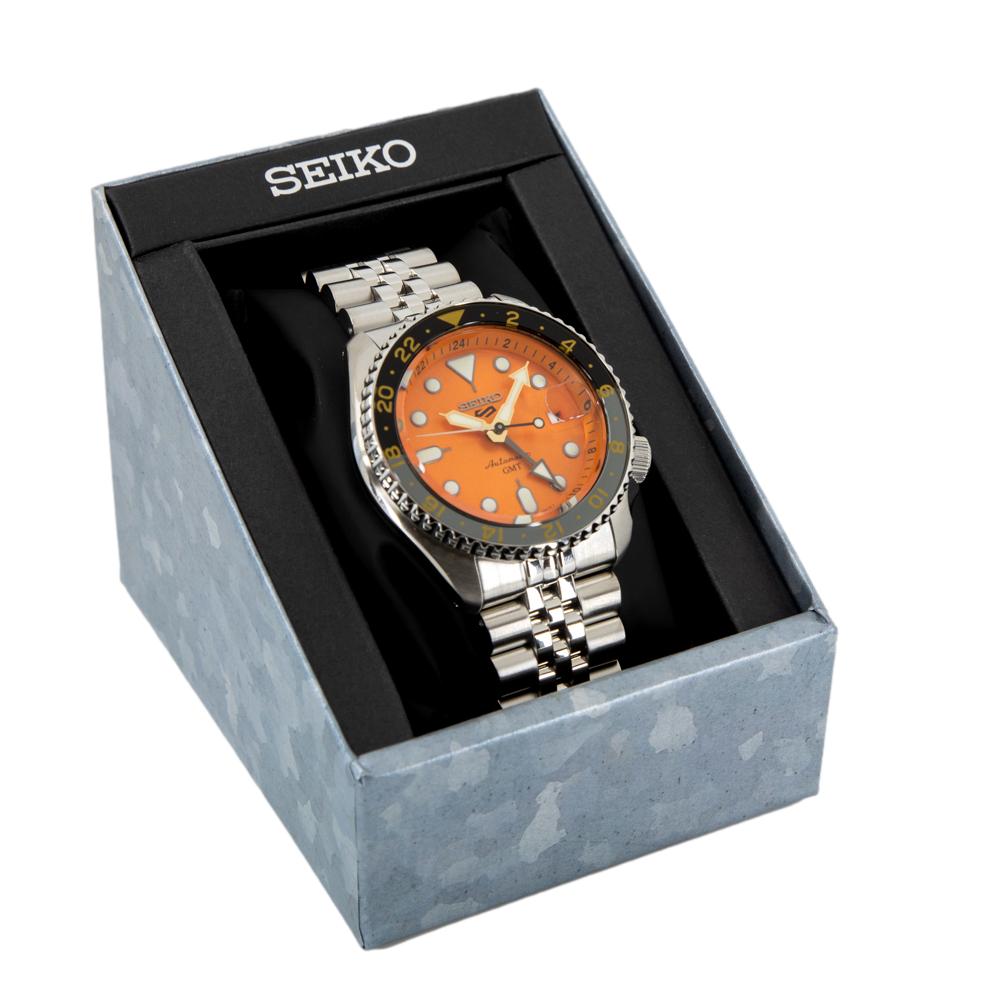 Seiko 5 Sports GMT Automatic Orange Dial Silver Steel Strap Watch For Men - SSK005K1 wholesalehk.shop